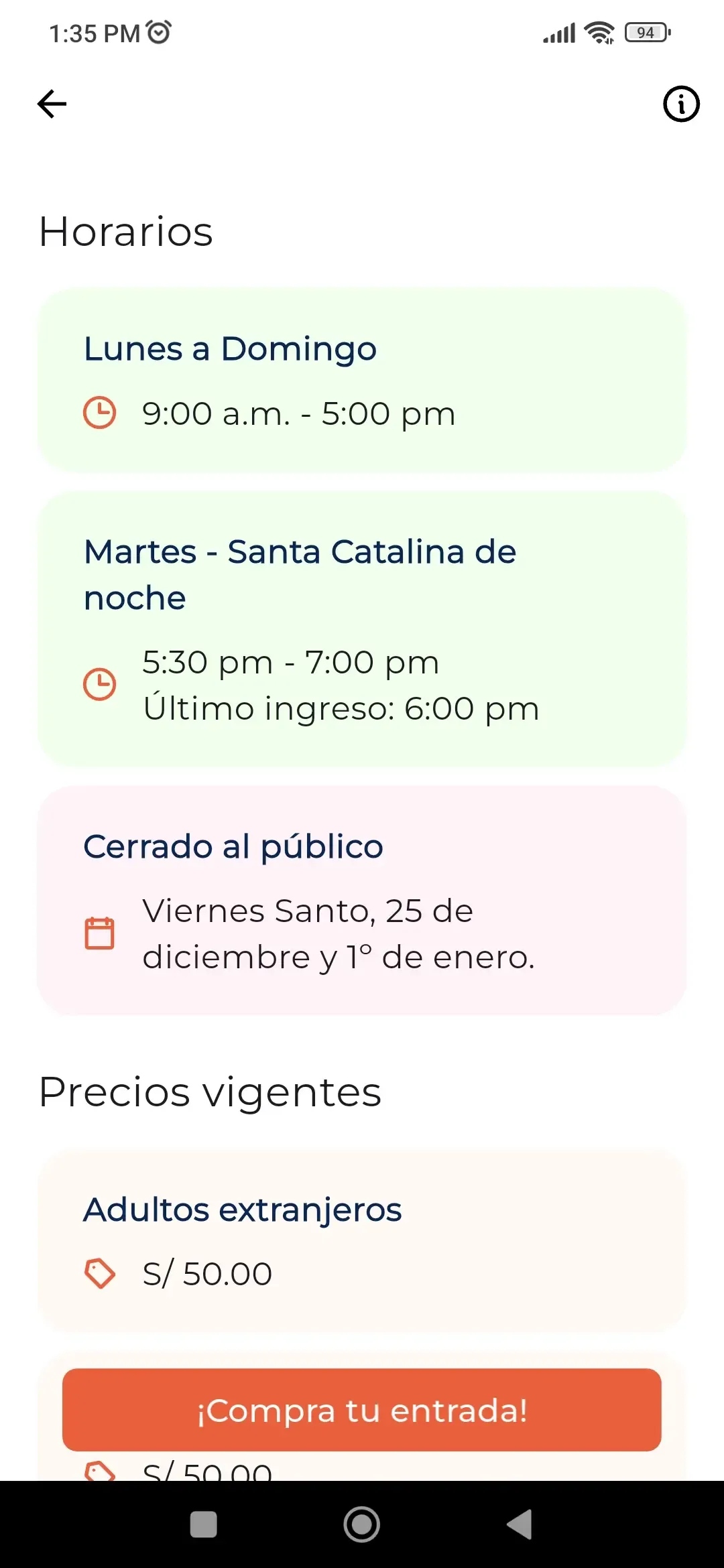 Horarios y precios en la app