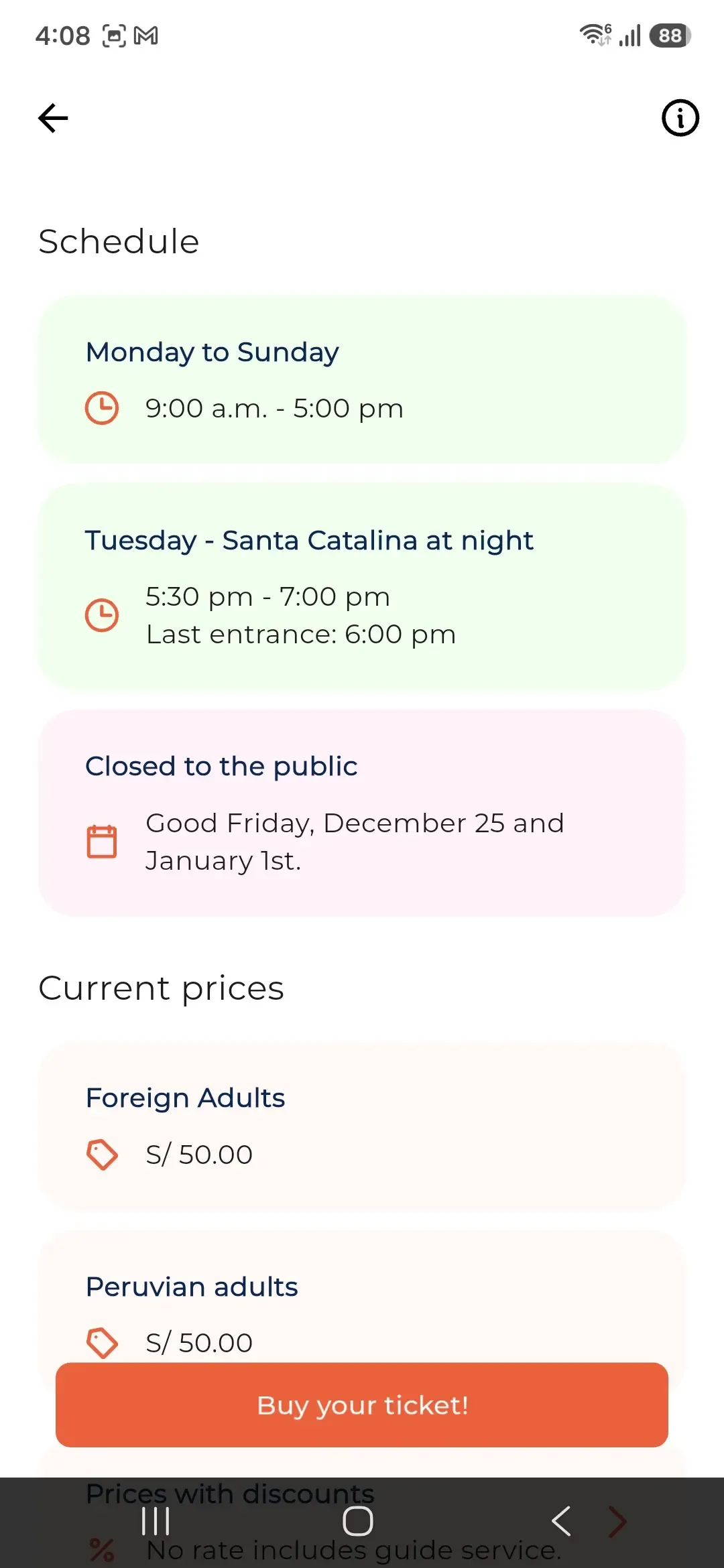 Hours and prices in the app
